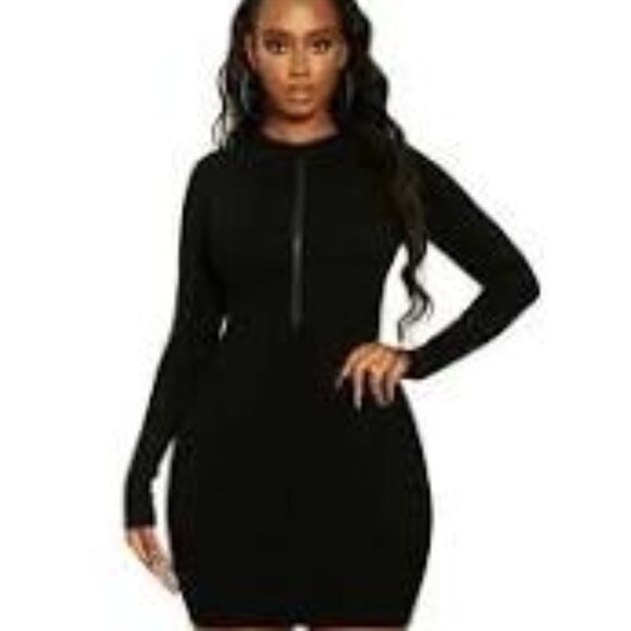 New With Tags Naked Wardrobe Long Sleeved Front Zip Ribbed Snatched Vibes Dress